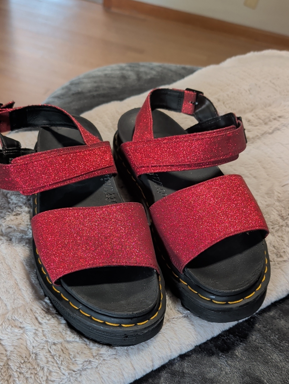Dr. Martens Red Glitter Slide Sandals